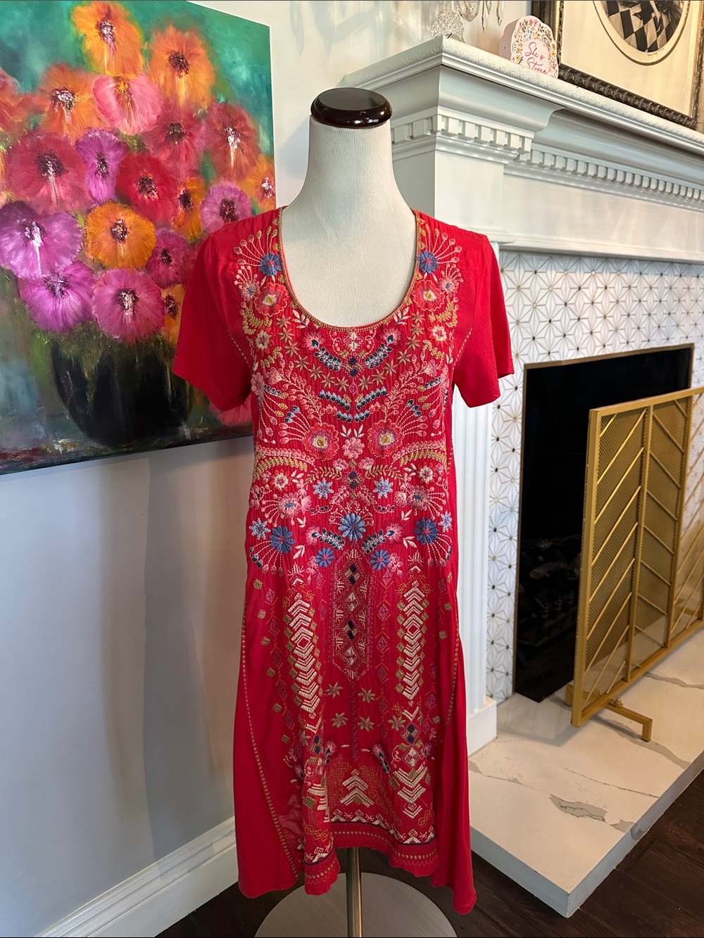 Johnny Was Red Embroidered Floral Scoop-Neck Dress